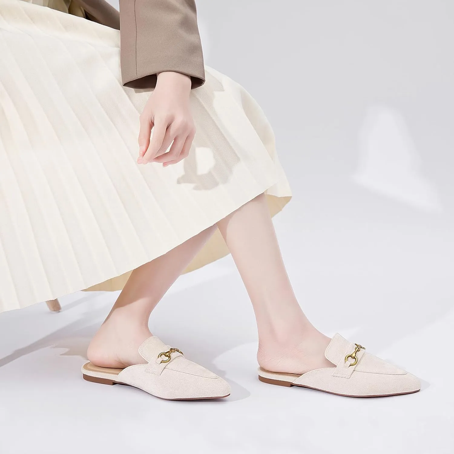 Buckle Mules for Women Pointed Toe Backless Flat Mules Slip on Slides Loafer Shoes