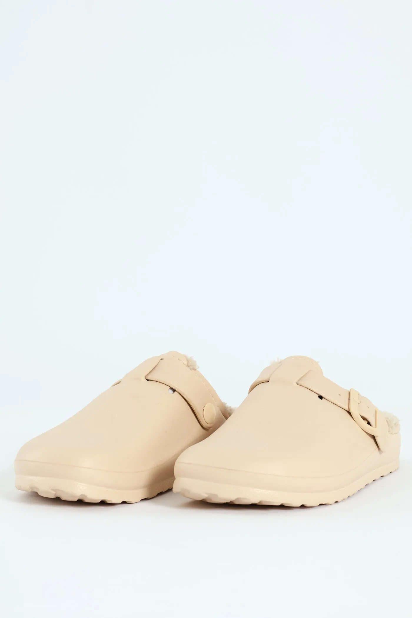 Desi Fur Lined Buckle Slip On Mule - Natural
