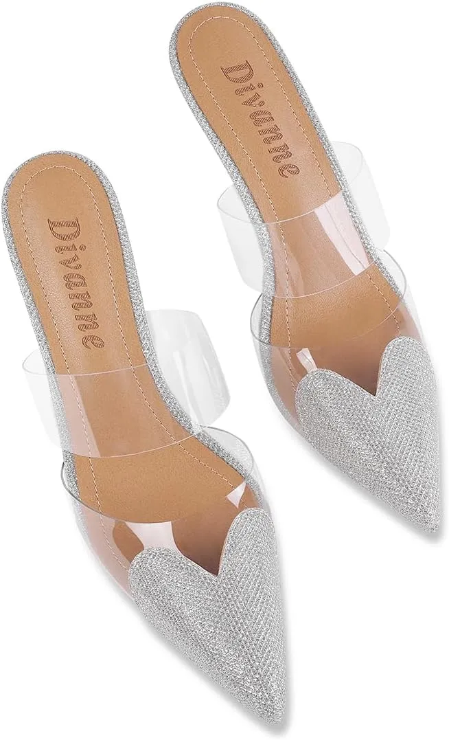 Divanne Women's Heart Heeled Mules Pointed Toe Mule Pumps High Heel Mules Slip On Clear Heeled Sandals