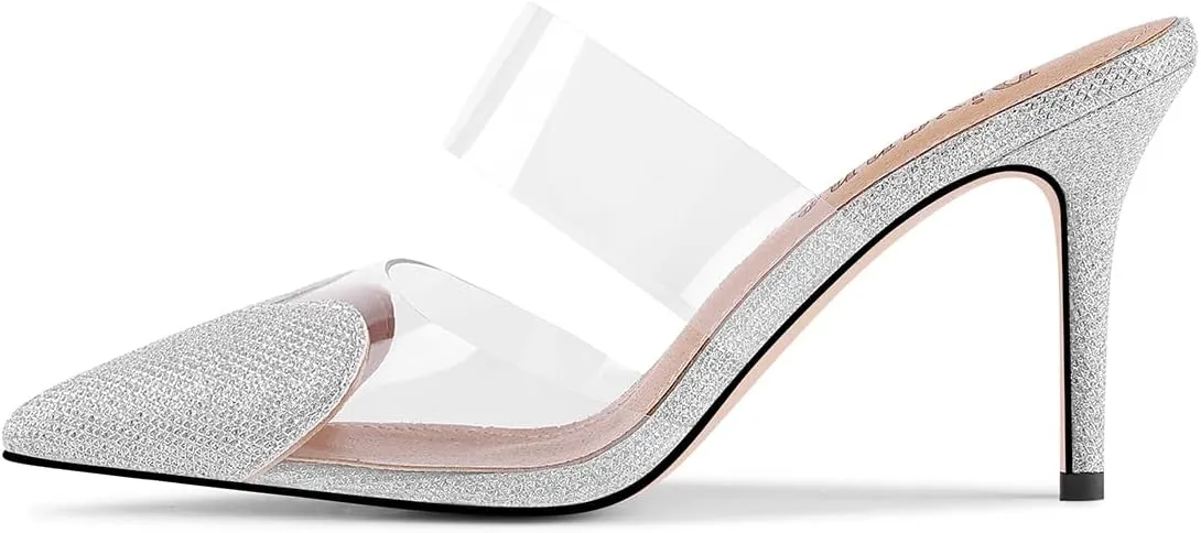 Divanne Women's Heart Heeled Mules Pointed Toe Mule Pumps High Heel Mules Slip On Clear Heeled Sandals
