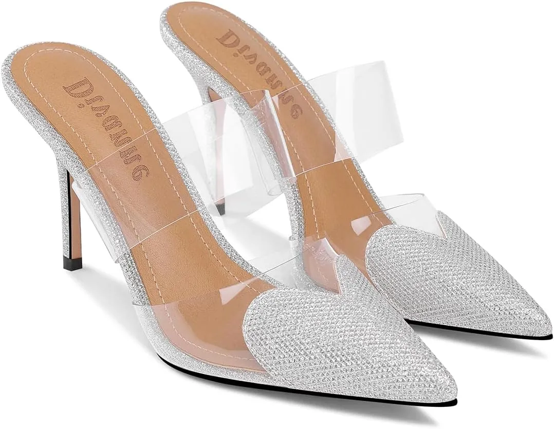 Divanne Women's Heart Heeled Mules Pointed Toe Mule Pumps High Heel Mules Slip On Clear Heeled Sandals