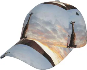 Elephant Giraffe On A Mountain Top Sunset Baseball Cap Golf Dad Hat Adjustable Trucker Hat for Men and Women Curved Brim Snapback Cap Black