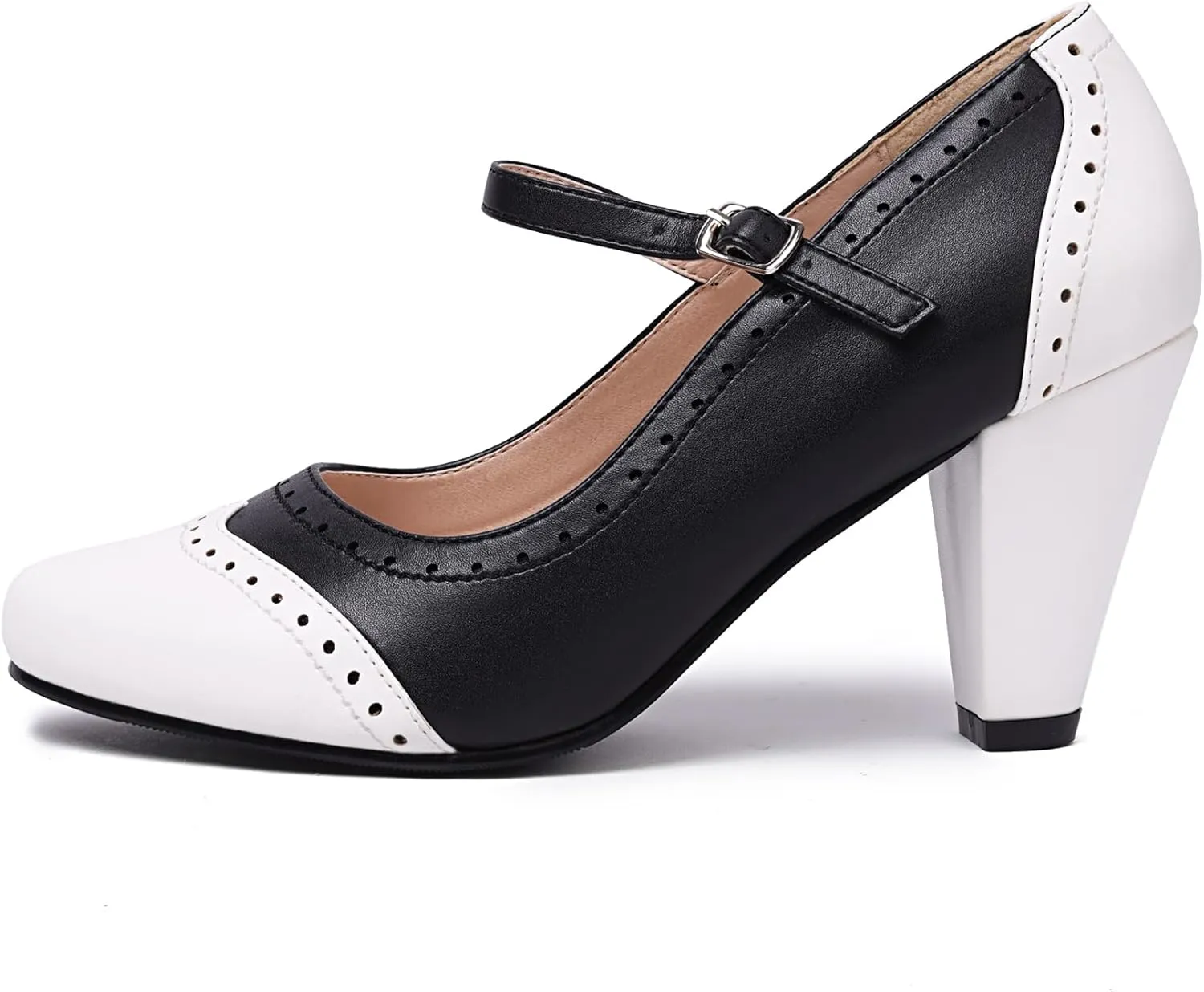 Elerhythm Women's Two Tone Mary Jane Classic and Retro 1920s Pump Heels Oxford Pattern 1950s Vintage Round Closed Toe Ankle Strap Dress Shoes