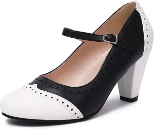 Elerhythm Women's Two Tone Mary Jane Classic and Retro 1920s Pump Heels Oxford Pattern 1950s Vintage Round Closed Toe Ankle Strap Dress Shoes