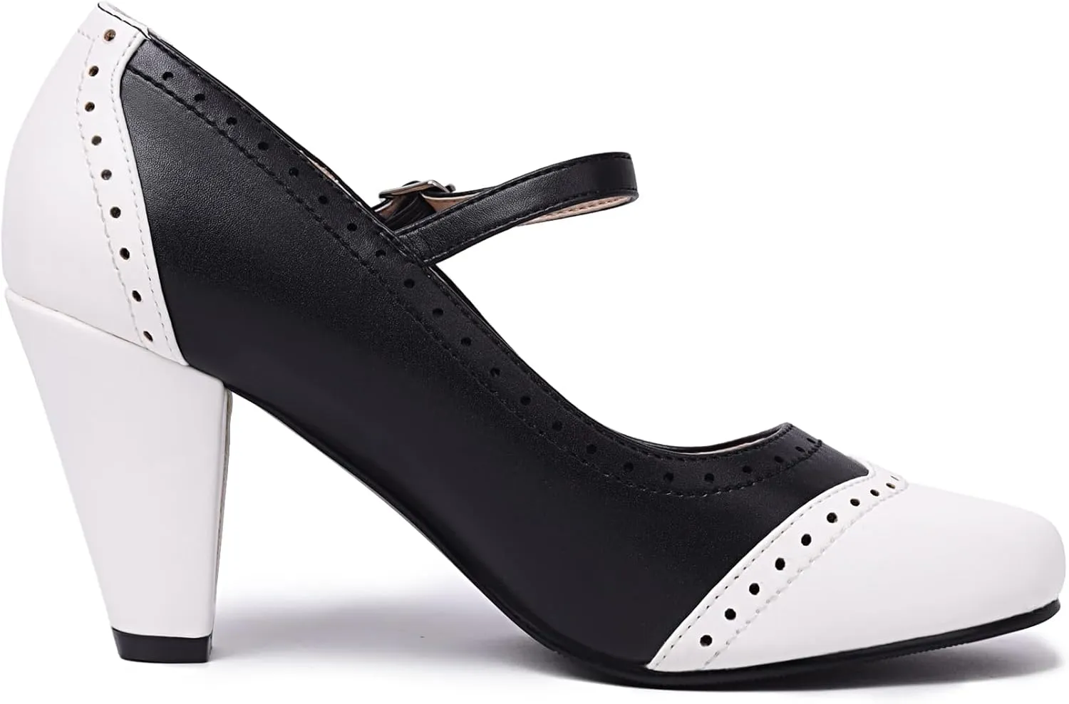 Elerhythm Women's Two Tone Mary Jane Classic and Retro 1920s Pump Heels Oxford Pattern 1950s Vintage Round Closed Toe Ankle Strap Dress Shoes