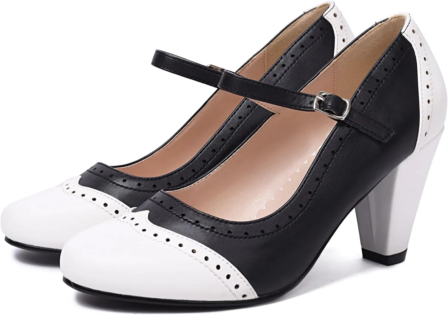 Elerhythm Women's Two Tone Mary Jane Classic and Retro 1920s Pump Heels Oxford Pattern 1950s Vintage Round Closed Toe Ankle Strap Dress Shoes