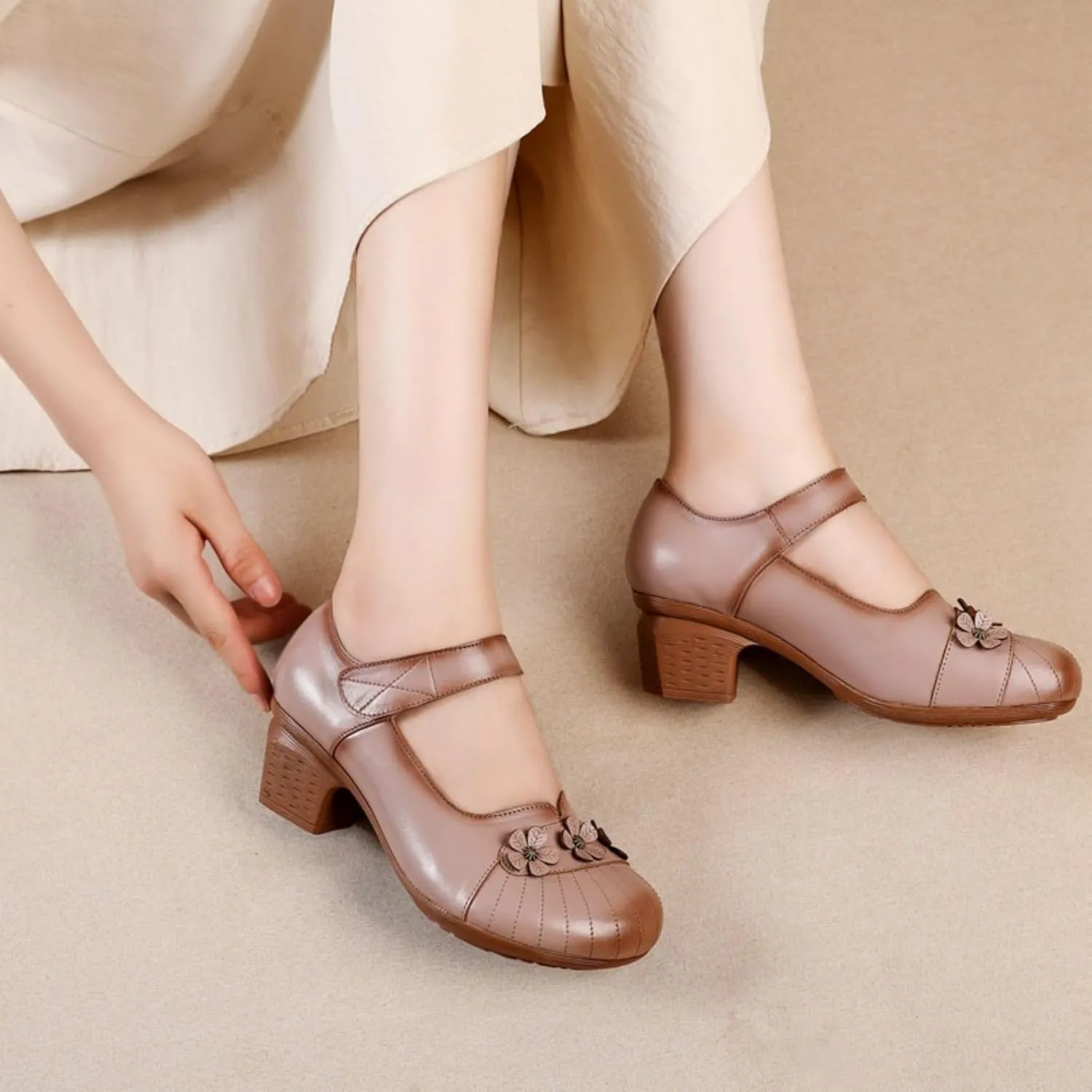 Ephirebra Women's Round Toe Mary Jane Chunky Heels Pumps Comfort Flower Hook and Loop Low Heel Dress Shoes