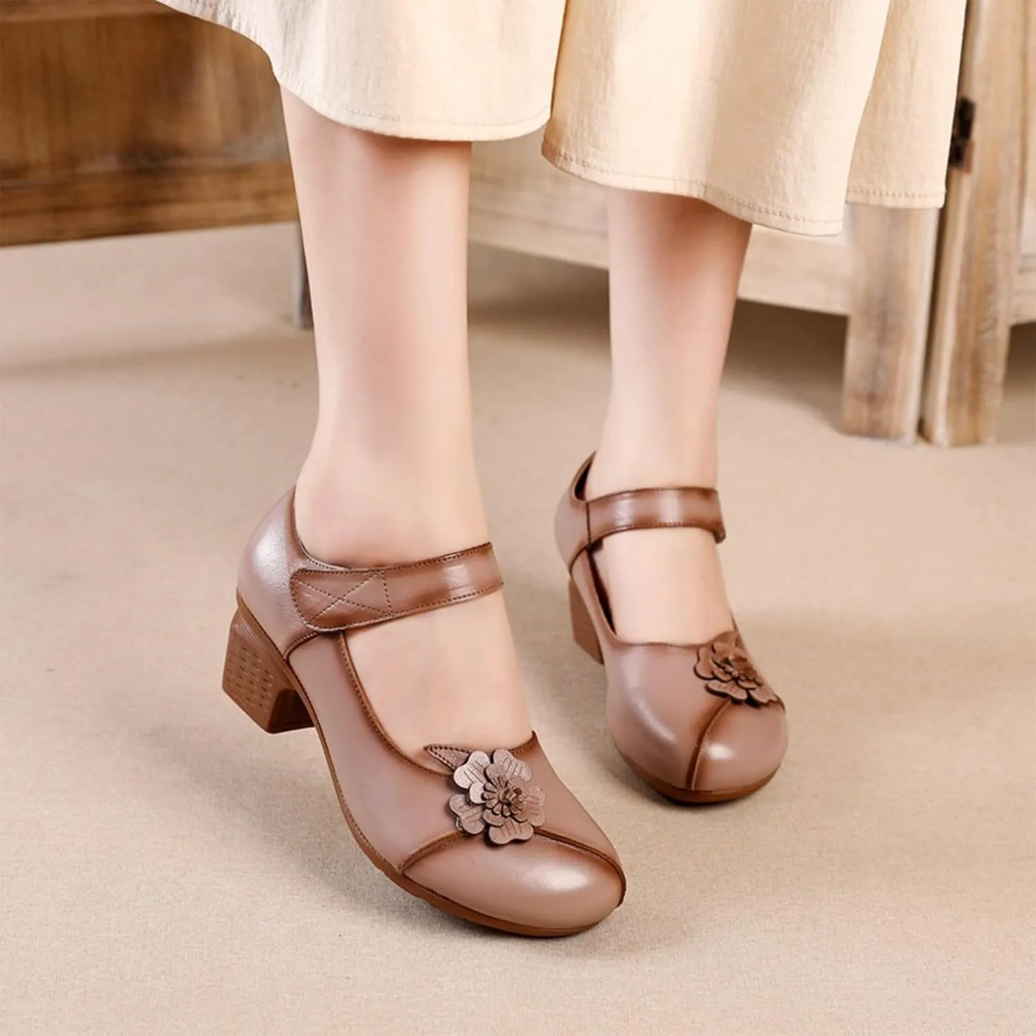 Ephirebra Women's Round Toe Mary Jane Chunky Heels Pumps Comfort Flower Hook and Loop Low Heel Dress Shoes