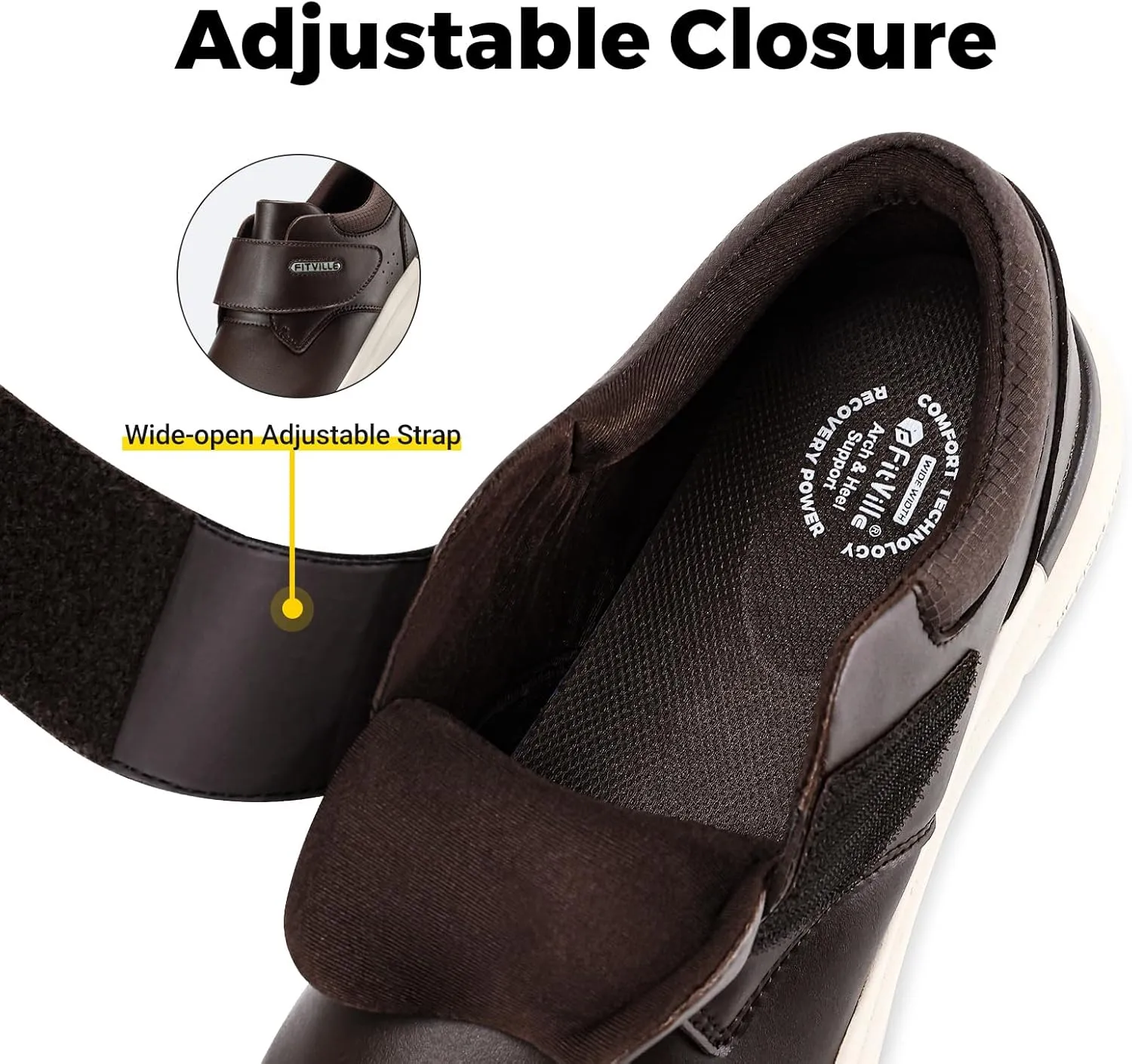 FitVille Diabetic Shoes for Men Extra Wide Slip-on Walking Shoes for Edema Hook & Loop Recovery Leather Oxford Shoes for Swollen Feet