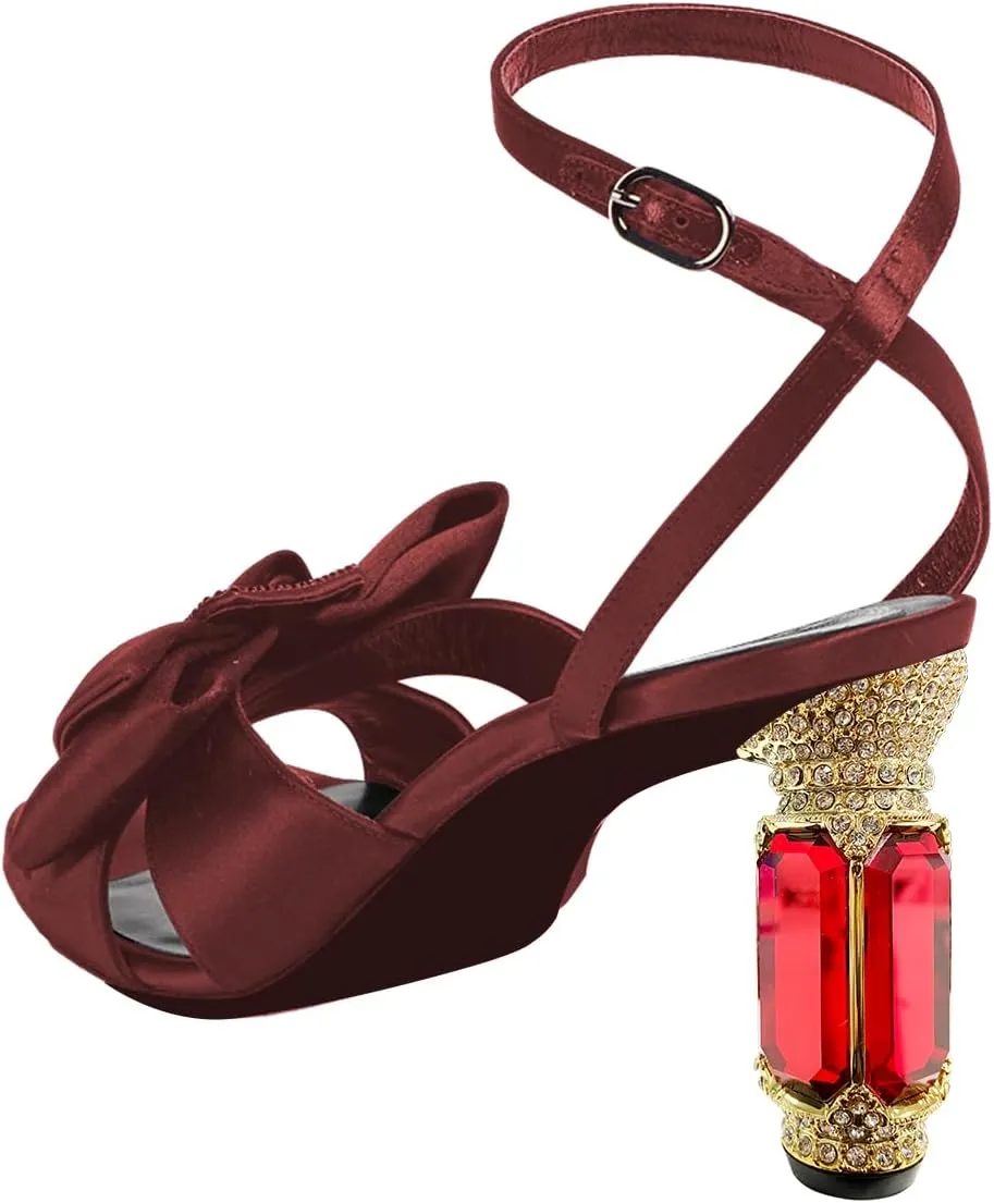 FSJ Women Elegant Open Toe Crystal Chunky High Heel Sandals with Bow Detail Embellished Ankle Strap Satin Pumps Evening Party Dance Wedding Shoes Size 4-16 US