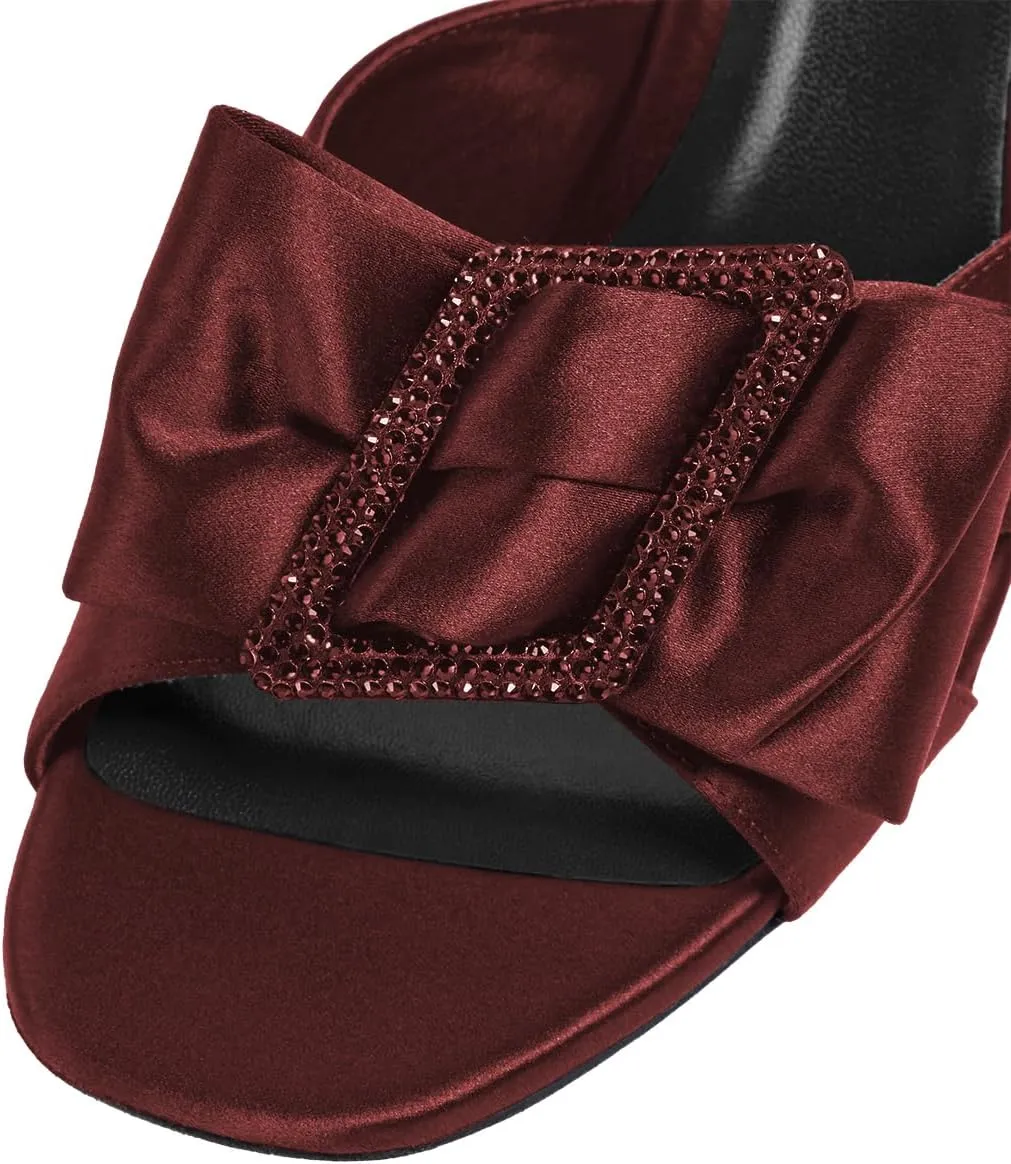 FSJ Women Elegant Open Toe Crystal Chunky High Heel Sandals with Bow Detail Embellished Ankle Strap Satin Pumps Evening Party Dance Wedding Shoes Size 4-16 US