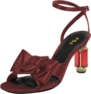 FSJ Women Elegant Open Toe Crystal Chunky High Heel Sandals with Bow Detail Embellished Ankle Strap Satin Pumps Evening Party Dance Wedding Shoes Size 4-16 US