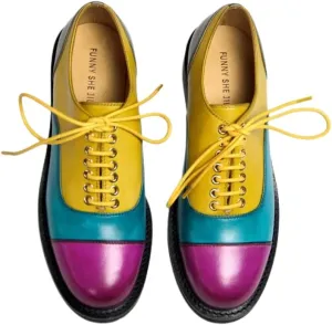 FSJ Women Multicolor Leather Oxford Shoes Round Cap Toe Lace Up Brogues Patchwork Color Matching Comfort Shoes Size 4-15 US