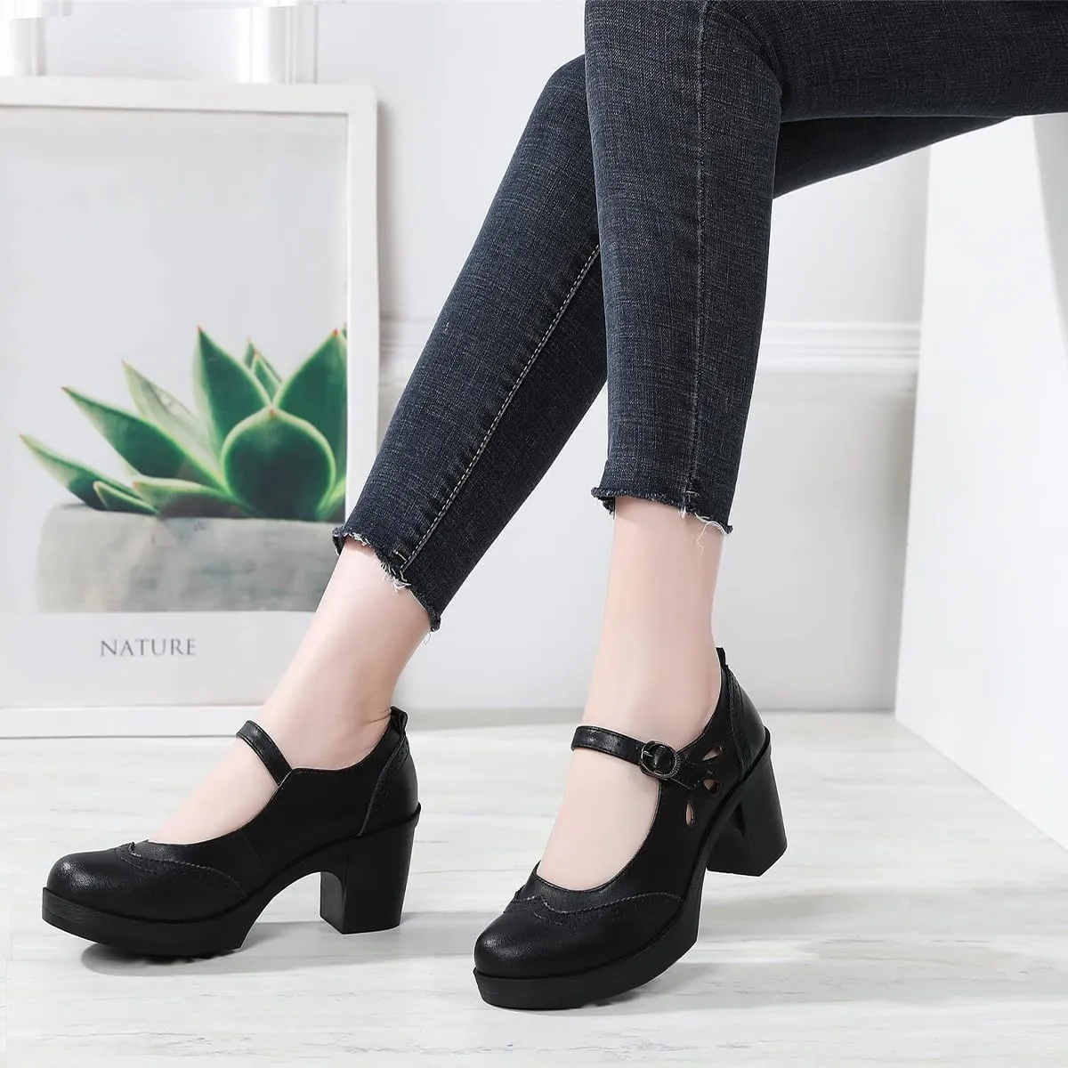 FYS Women Lovely Round Toe Pumps Ankle Strap Oxford Block Mid Heel Mary Janes Retro Daily Street Dress Shoes Size 4-16 US