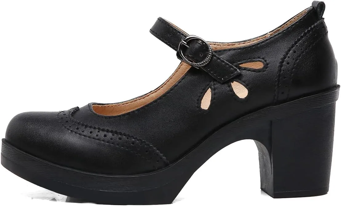 FYS Women Lovely Round Toe Pumps Ankle Strap Oxford Block Mid Heel Mary Janes Retro Daily Street Dress Shoes Size 4-16 US