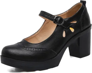 FYS Women Lovely Round Toe Pumps Ankle Strap Oxford Block Mid Heel Mary Janes Retro Daily Street Dress Shoes Size 4-16 US