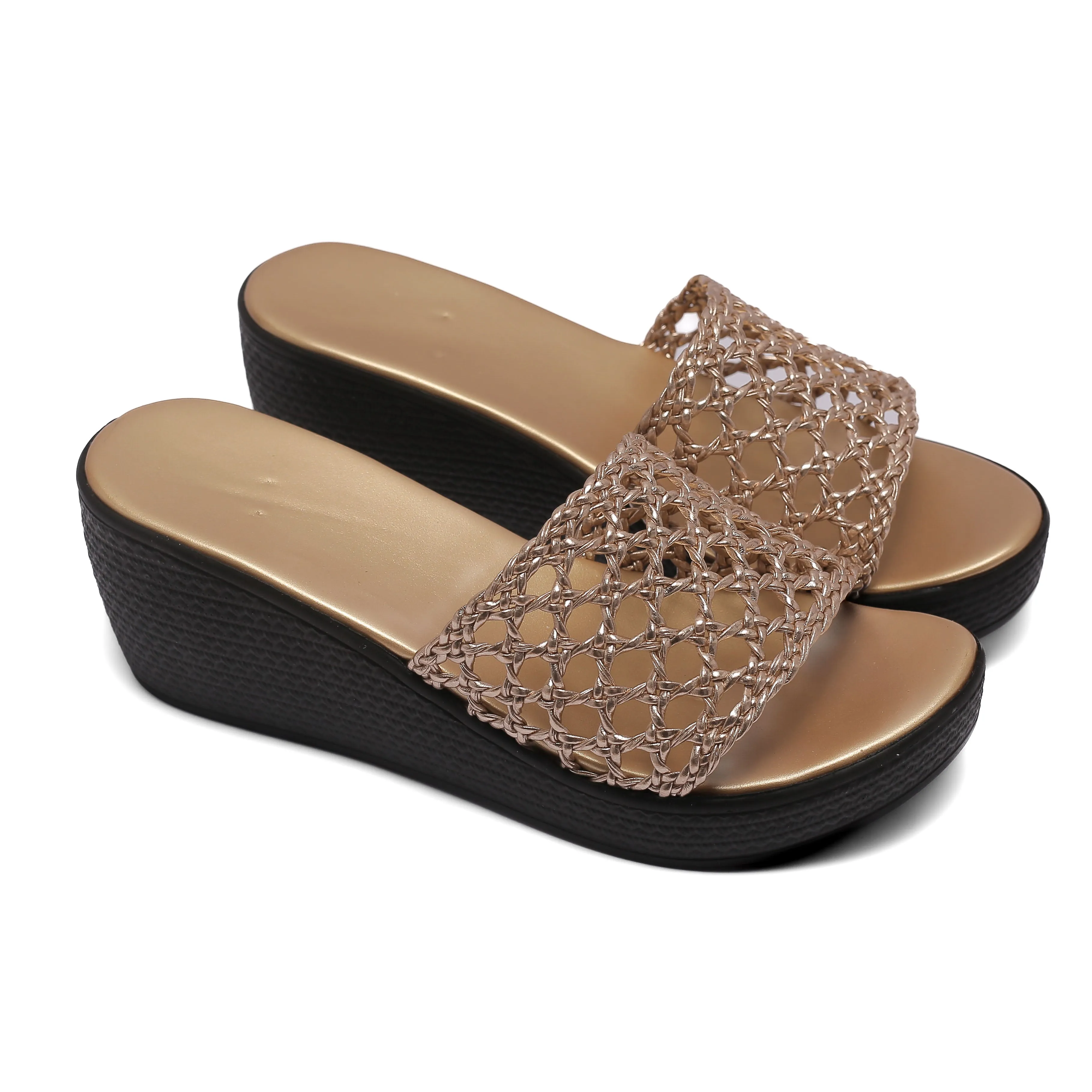 Gold Woven Strap Summer Slides