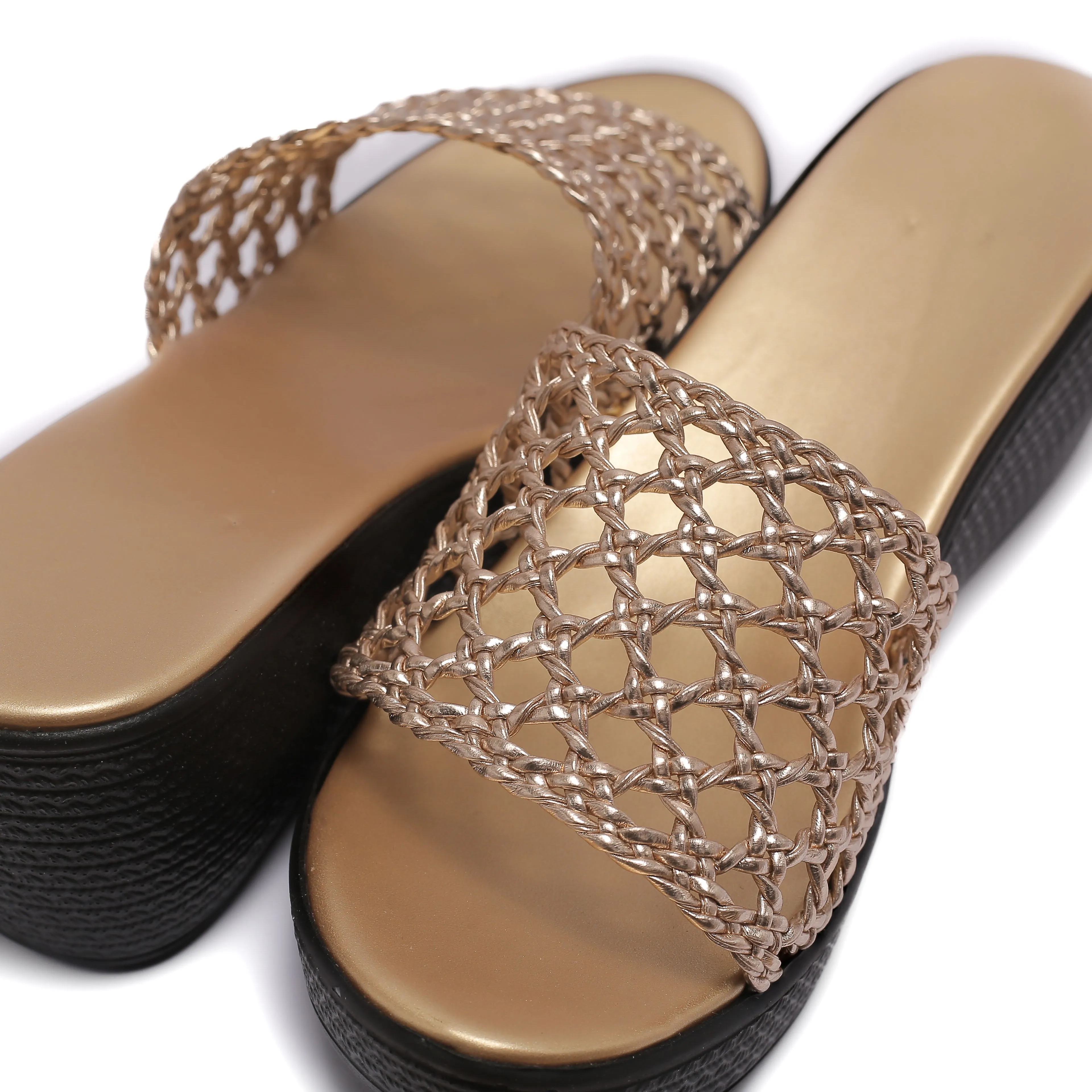 Gold Woven Strap Summer Slides