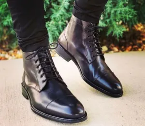 Handmade Black Cap Toe Ankle High Boots for Men