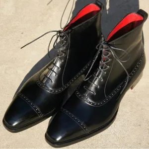 Handmade Black Cap Toe Lace Up Ankle Boots for Men
