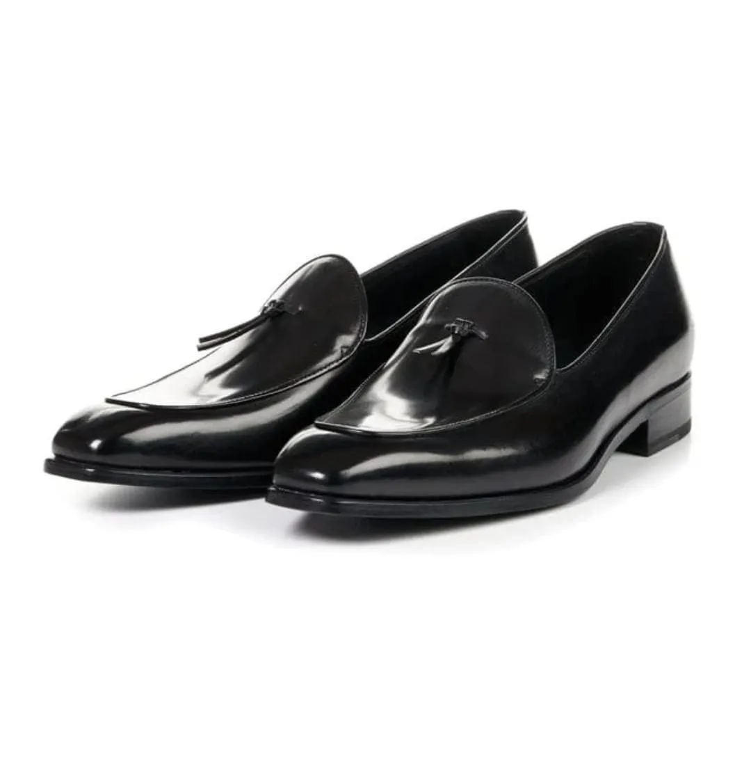 Handmade Black Leather Tasseled Moccasins for Men