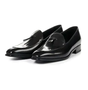 Handmade Black Leather Tasseled Moccasins for Men