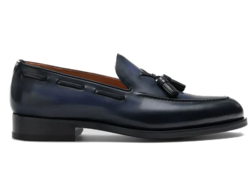 Handmade Men's Navy Blue Tassel Loafers