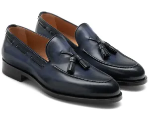 Handmade Men's Navy Blue Tassel Loafers