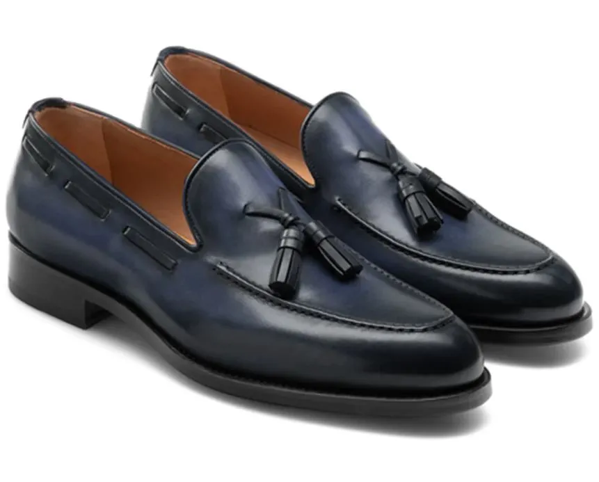 Handmade Men's Navy Blue Tassel Loafers
