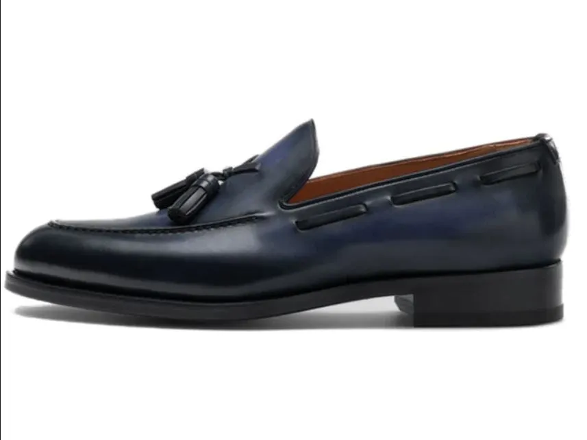 Handmade Men's Navy Blue Tassel Loafers