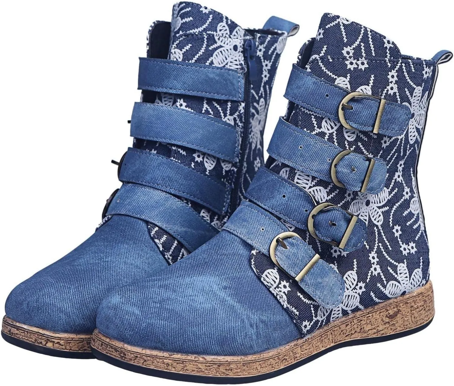 Hbeylia Women's Boots Boho Ethnic Vintage Denim Flower Design Round Toe Hidden Heels Wedge Low Heels Ankle Booties Bohemian Casual Winter Fall Dress Short Boots For Women Travel