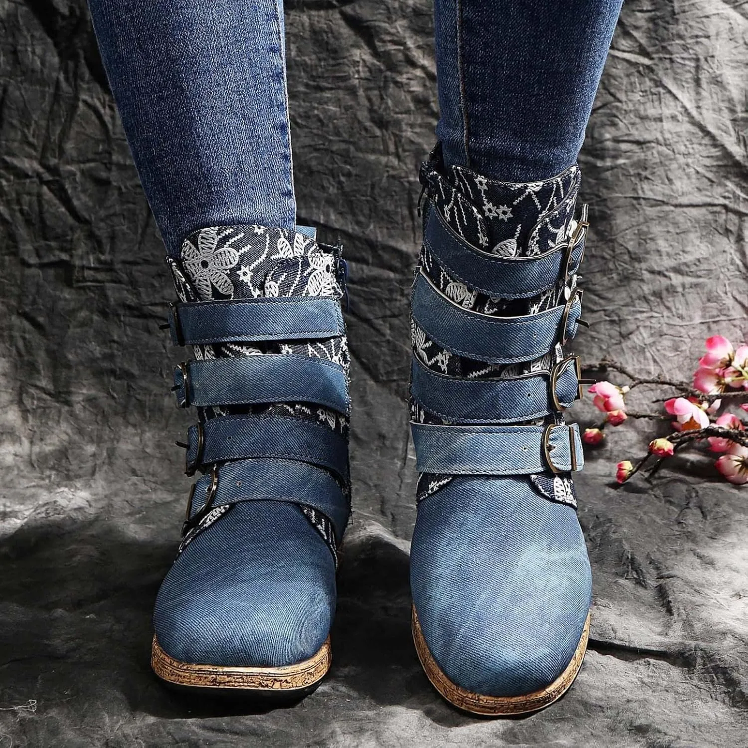 Hbeylia Women's Boots Boho Ethnic Vintage Denim Flower Design Round Toe Hidden Heels Wedge Low Heels Ankle Booties Bohemian Casual Winter Fall Dress Short Boots For Women Travel
