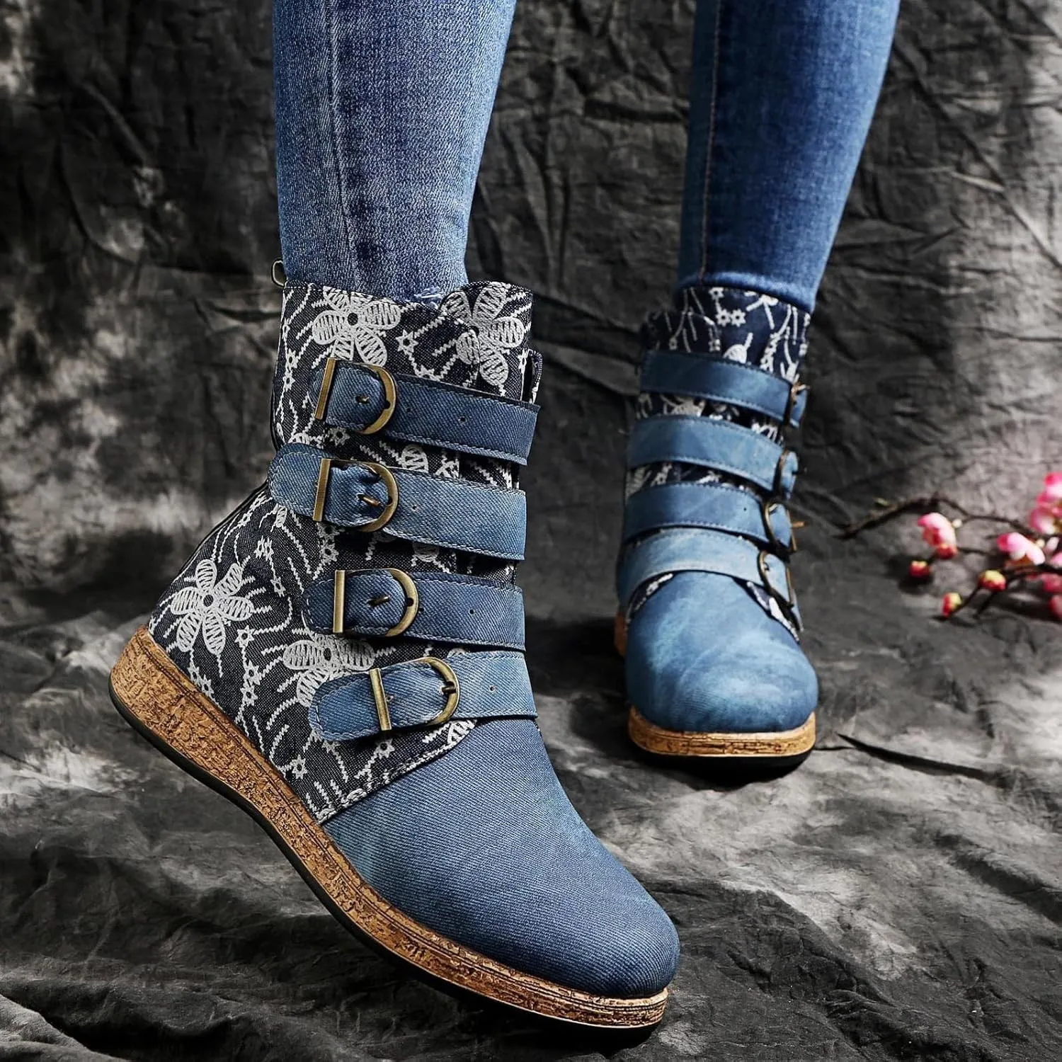 Hbeylia Women's Boots Boho Ethnic Vintage Denim Flower Design Round Toe Hidden Heels Wedge Low Heels Ankle Booties Bohemian Casual Winter Fall Dress Short Boots For Women Travel