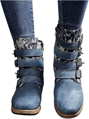 Hbeylia Women's Boots Boho Ethnic Vintage Denim Flower Design Round Toe Hidden Heels Wedge Low Heels Ankle Booties Bohemian Casual Winter Fall Dress Short Boots For Women Travel