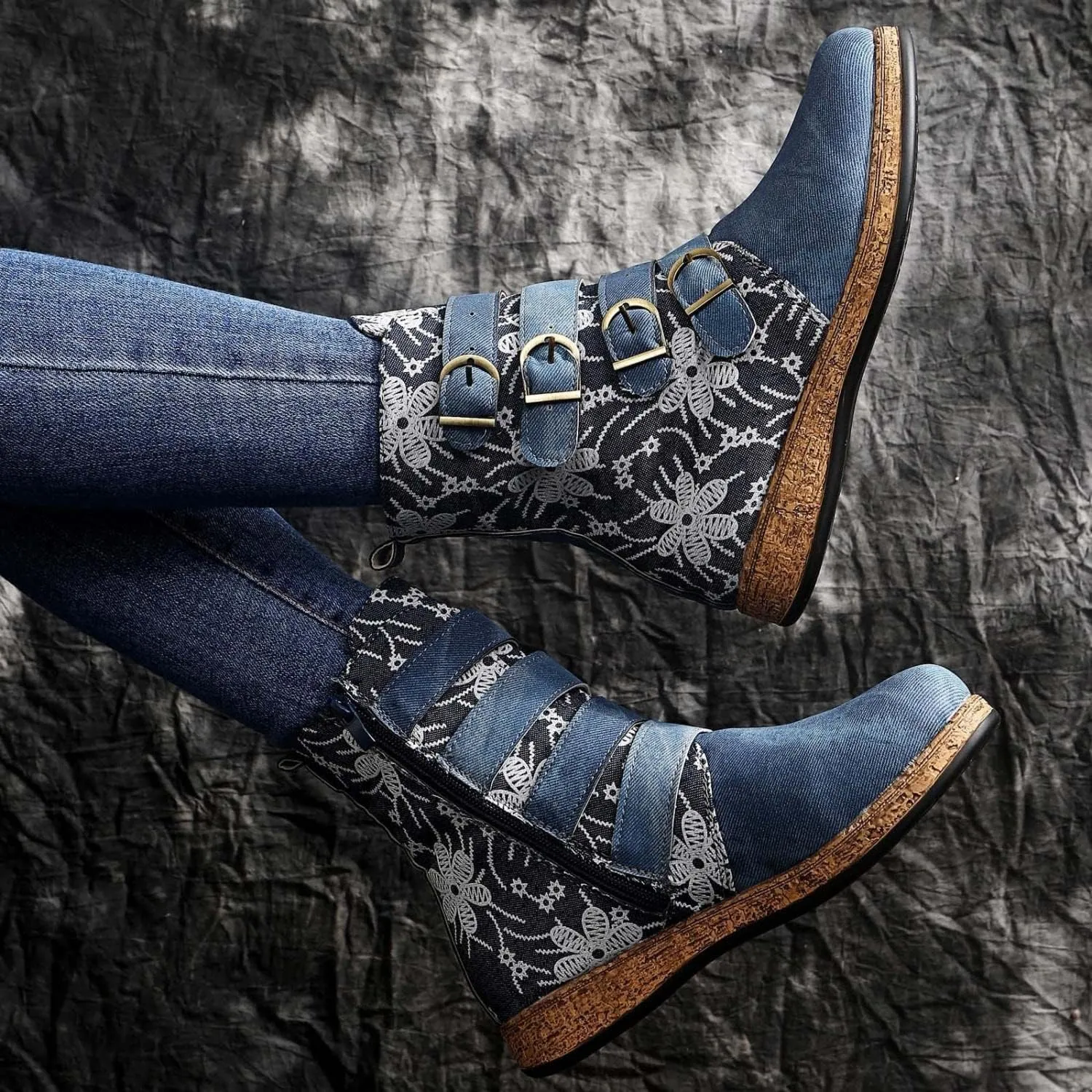 Hbeylia Women's Boots Boho Ethnic Vintage Denim Flower Design Round Toe Hidden Heels Wedge Low Heels Ankle Booties Bohemian Casual Winter Fall Dress Short Boots For Women Travel