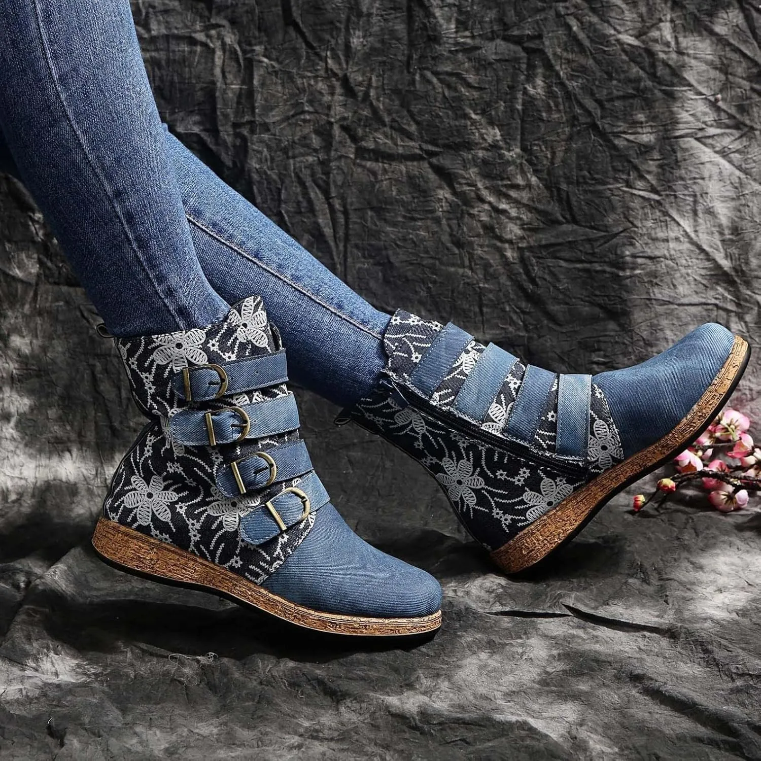 Hbeylia Women's Boots Boho Ethnic Vintage Denim Flower Design Round Toe Hidden Heels Wedge Low Heels Ankle Booties Bohemian Casual Winter Fall Dress Short Boots For Women Travel