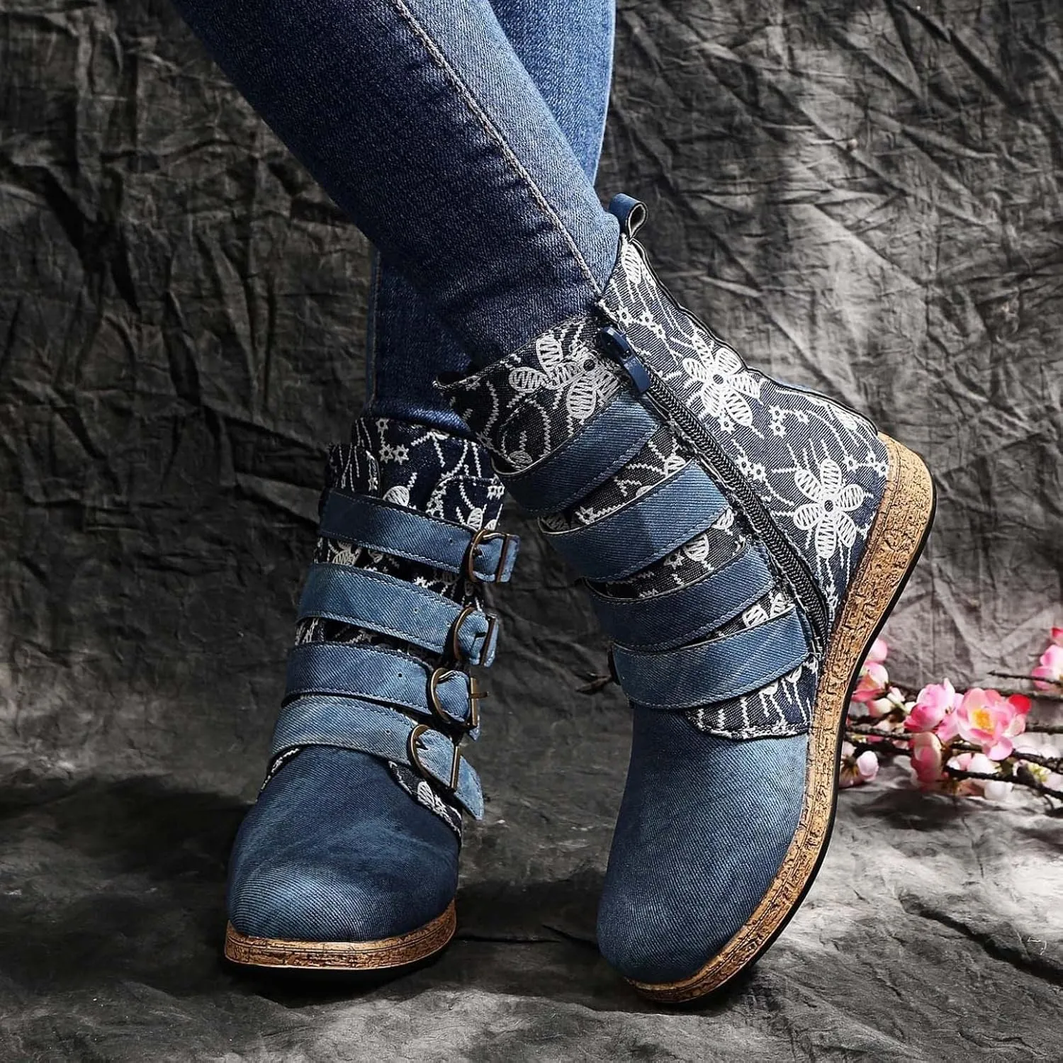 Hbeylia Women's Boots Boho Ethnic Vintage Denim Flower Design Round Toe Hidden Heels Wedge Low Heels Ankle Booties Bohemian Casual Winter Fall Dress Short Boots For Women Travel