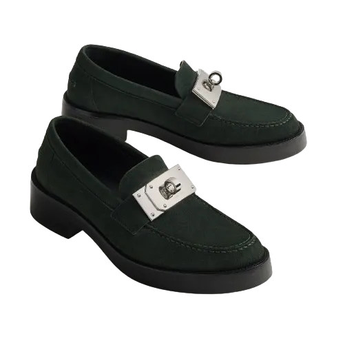 Hermes Hot Loafer In Vert Fonce With Oversized Kelly Buckle 38 BNIB $2K Retail