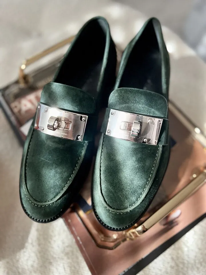 Hermes Hot Loafer In Vert Fonce With Oversized Kelly Buckle 38 BNIB $2K Retail