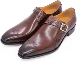 HOOENG Dress Oxford for Men Slip on Monk Strap Breathable Square Toe Cowhide Block Heel Non Slip Tolerant Rubber Sole Low Top Superficial (Color : Brown, Size : 9)