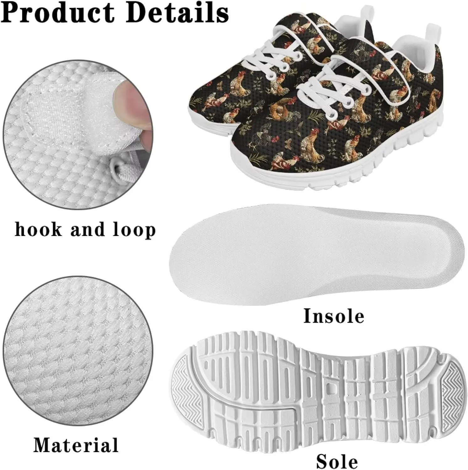 Howilath Rooster Print Children Sneakers for Girls with Single Buckle Athletic Walking Shoes Non-Slip Sole