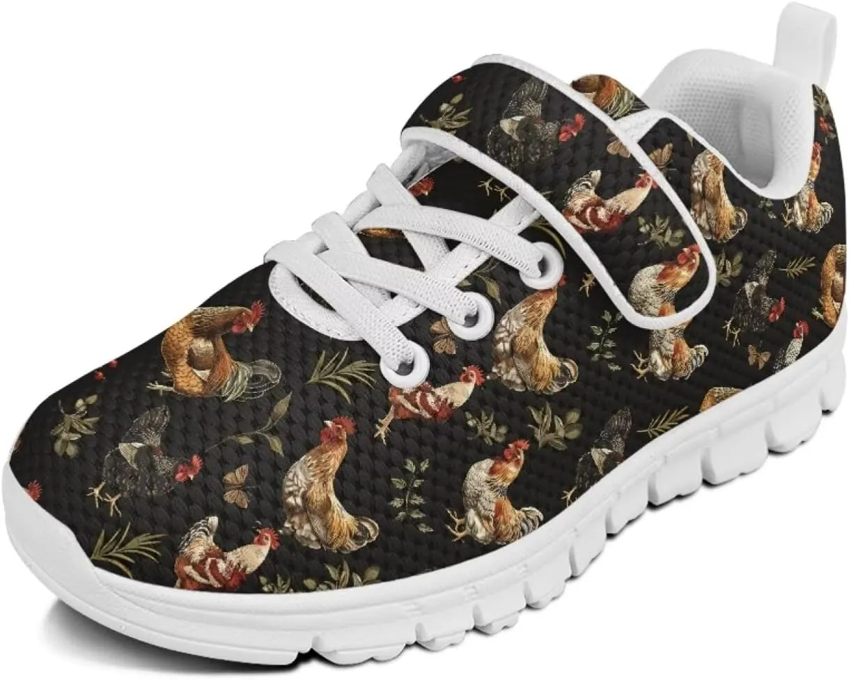 Howilath Rooster Print Children Sneakers for Girls with Single Buckle Athletic Walking Shoes Non-Slip Sole