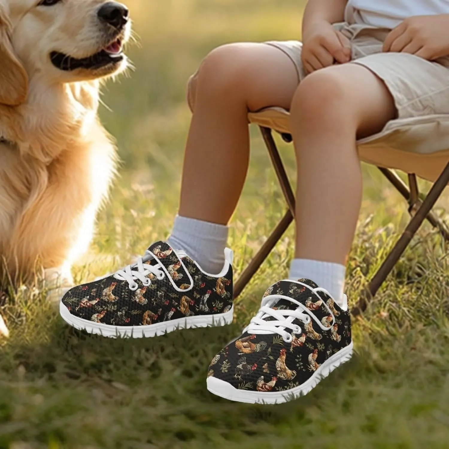 Howilath Rooster Print Children Sneakers for Girls with Single Buckle Athletic Walking Shoes Non-Slip Sole