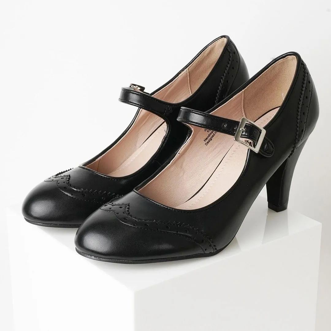J. Adams Mary Jane Oxford Pumps - Cute Low Kitten Heels - Retro Round Toe Shoe with Ankle Strap - Kym