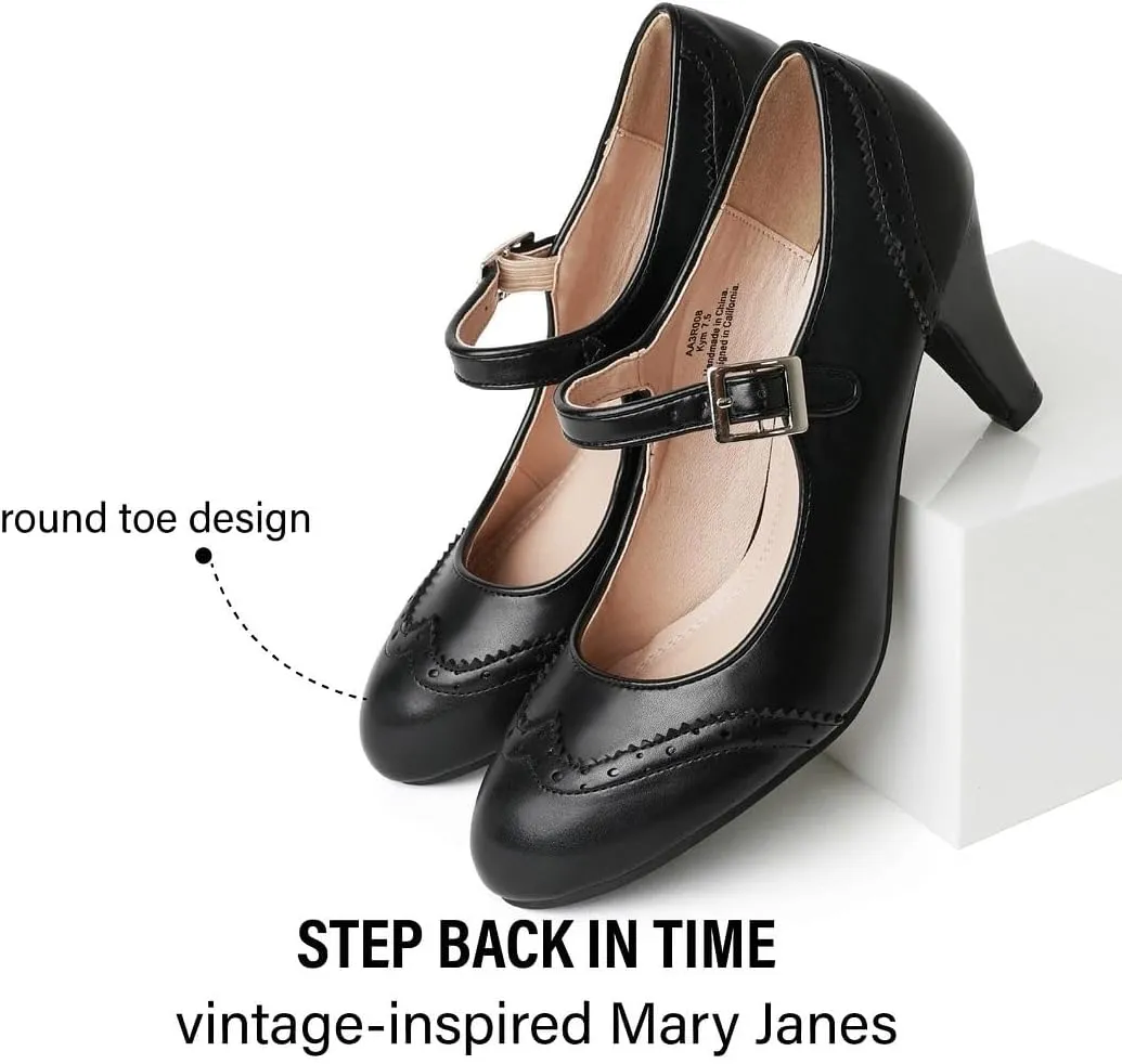 J. Adams Mary Jane Oxford Pumps - Cute Low Kitten Heels - Retro Round Toe Shoe with Ankle Strap - Kym
