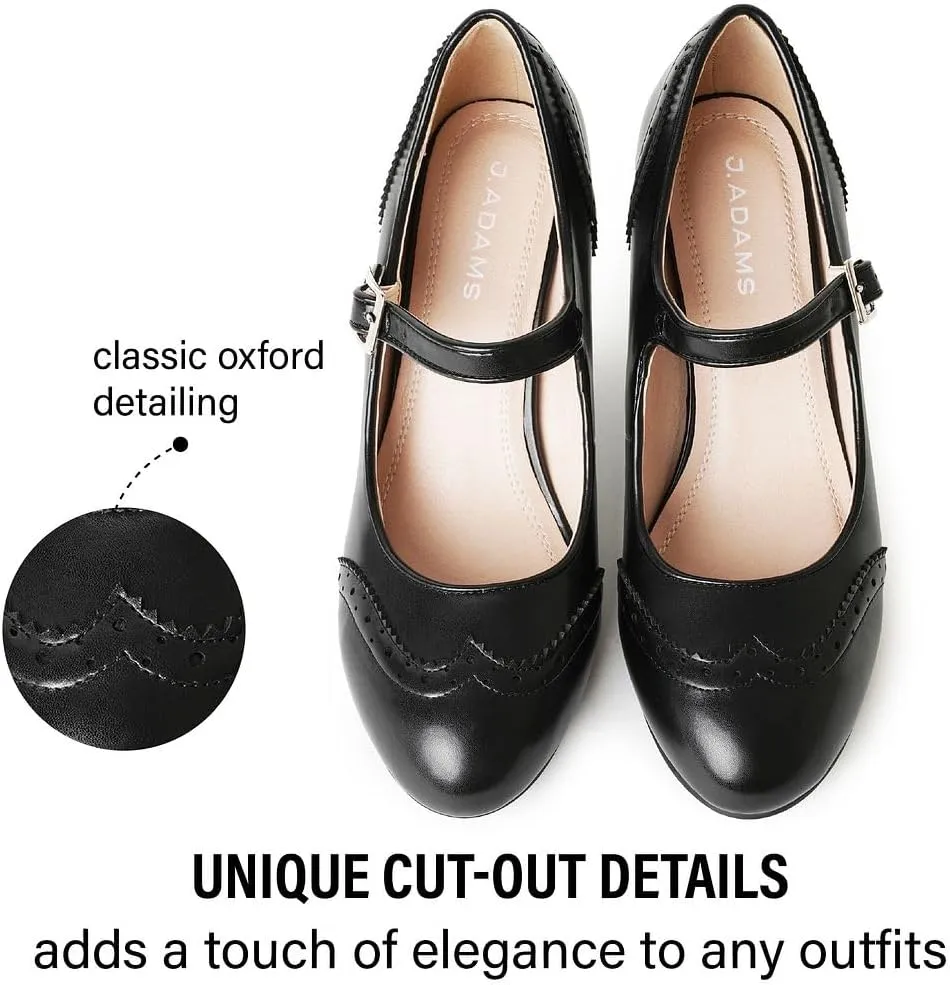 J. Adams Mary Jane Oxford Pumps - Cute Low Kitten Heels - Retro Round Toe Shoe with Ankle Strap - Kym