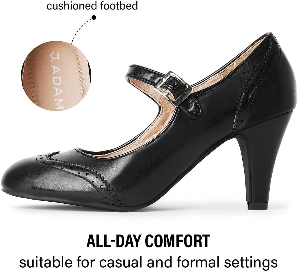 J. Adams Mary Jane Oxford Pumps - Cute Low Kitten Heels - Retro Round Toe Shoe with Ankle Strap - Kym