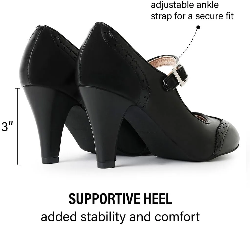 J. Adams Mary Jane Oxford Pumps - Cute Low Kitten Heels - Retro Round Toe Shoe with Ankle Strap - Kym