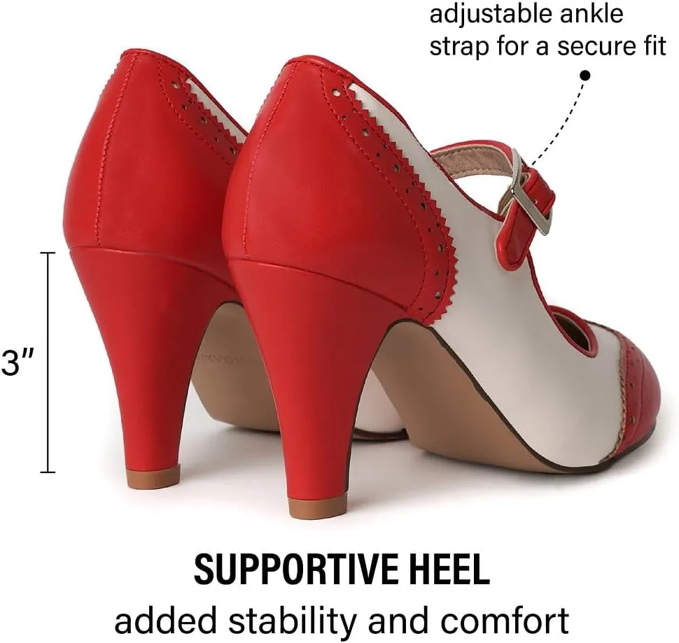 J. Adams Mary Jane Oxford Pumps - Cute Low Kitten Heels - Retro Round Toe Shoe with Ankle Strap - Kym