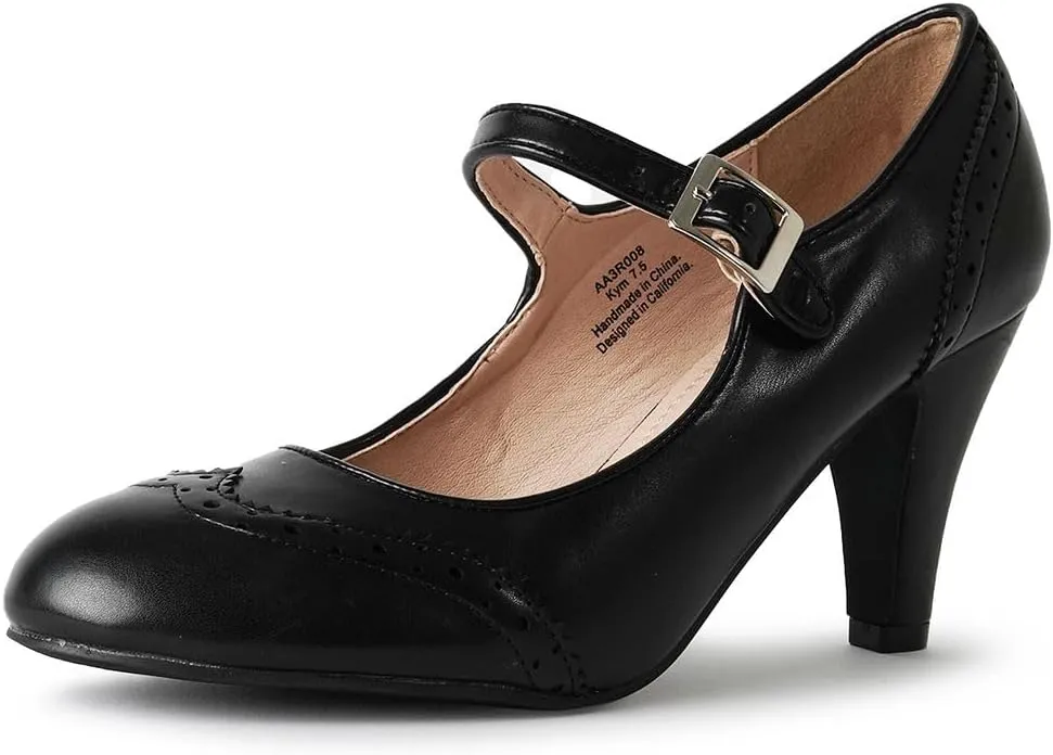 J. Adams Mary Jane Oxford Pumps - Cute Low Kitten Heels - Retro Round Toe Shoe with Ankle Strap - Kym
